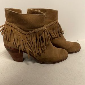 Tan suede, fringe booties